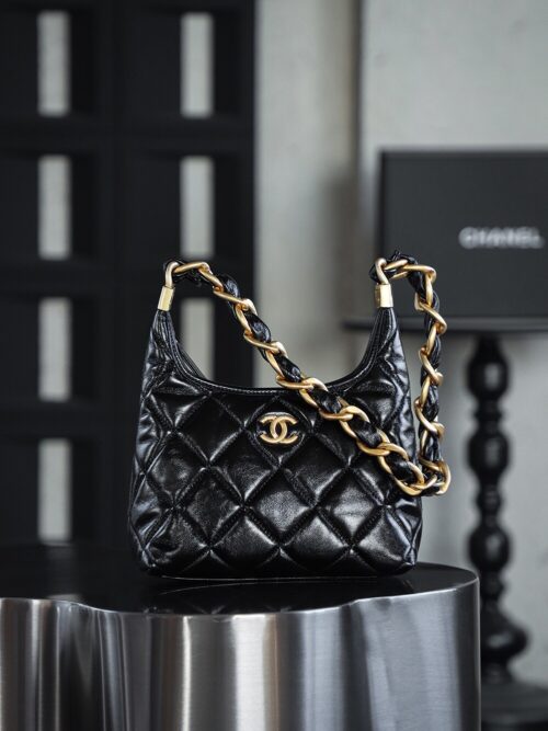 God Factory Chanel Bags Small 24A HoBo 24K Retro Hardware / Black Bonaudo Leather Size 22.5*19.5*8.5 cm