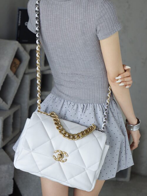 God Factory Chanel 19 Bag White GR Sheep Leather GHW Medium size