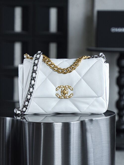 God Factory Chanel 19 Bag Small White Gold Hardware Size 16*26*9cm