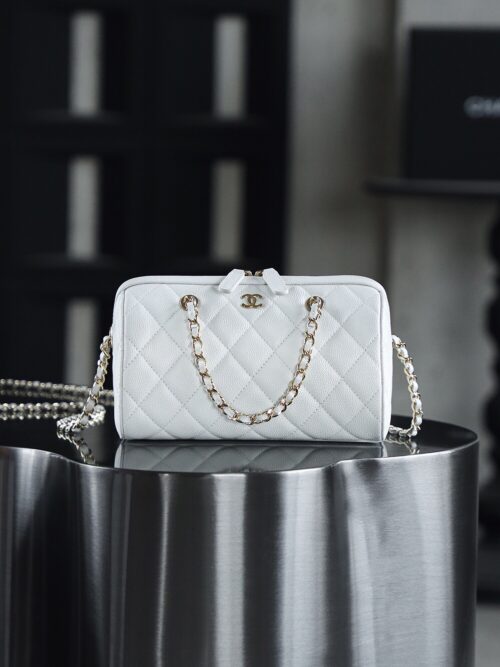 God Factory Chanel 25P Mini Bowling Bag White 14K Gold Pale HAAS Leather Size 11.5*18.5*11cm