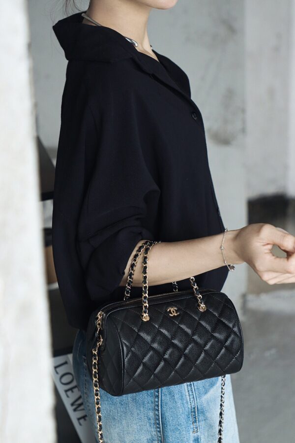 God Factory Chanel 25P Mini Bowling Bag Black 14K Gold Pale HAAS Leather Size 11.5*18.5*11cm
