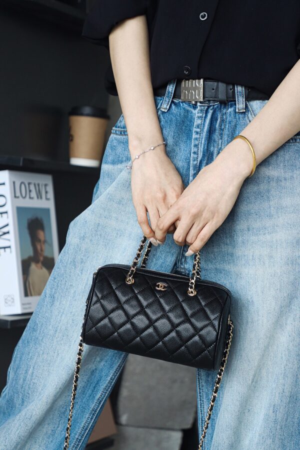 God Factory Chanel 25P Mini Bowling Bag Black 14K Gold Pale HAAS Leather Size 11.5*18.5*11cm