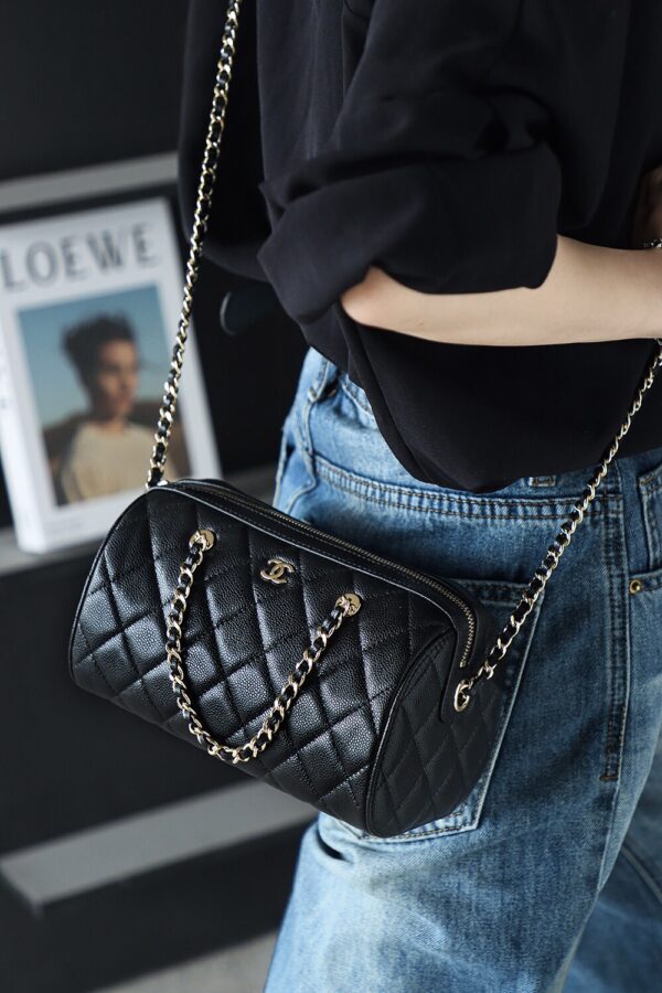 God Factory Chanel 25P Mini Bowling Bag Black 14K Gold Pale HAAS Leather Size 11.5*18.5*11cm