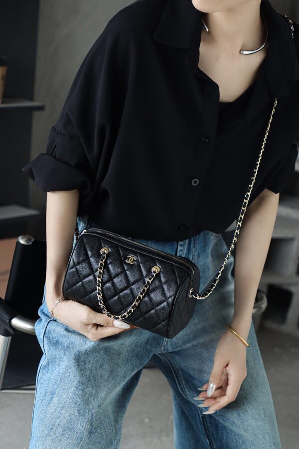 God Factory Chanel 25P Mini Bowling Bag Black 14K Gold Pale HAAS Leather Size 11.5*18.5*11cm